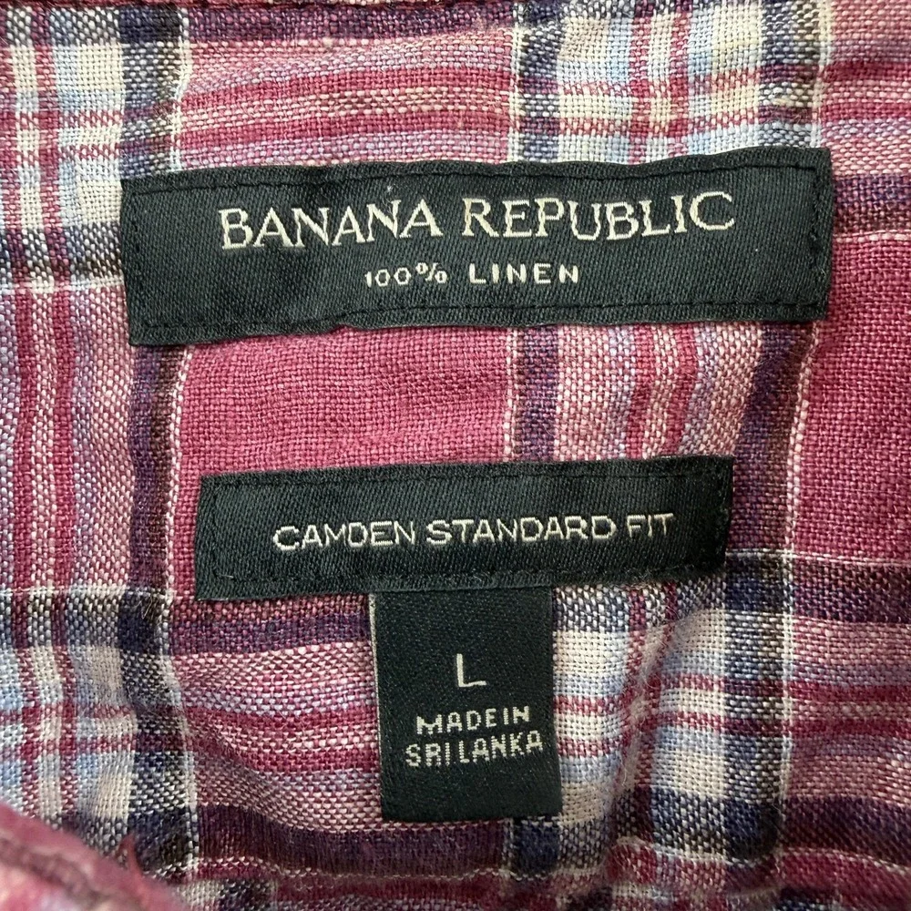 Banana Republic Shirt Mens Large Red Plaid‎ 100% Linen Camden Standard Fit
